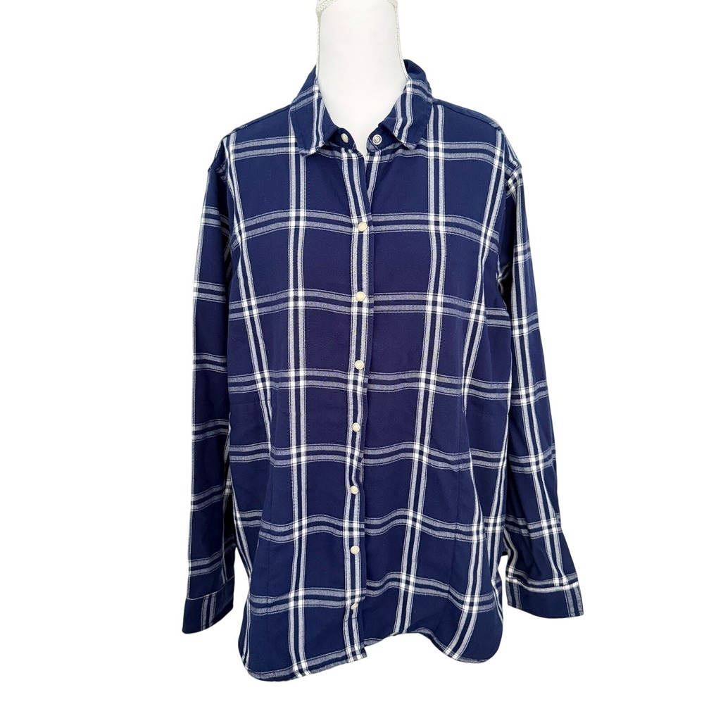 Jachs Girlfriend Button Up Shirt Womens Large Navy Blue Plaid Long Sleeve Pocket
